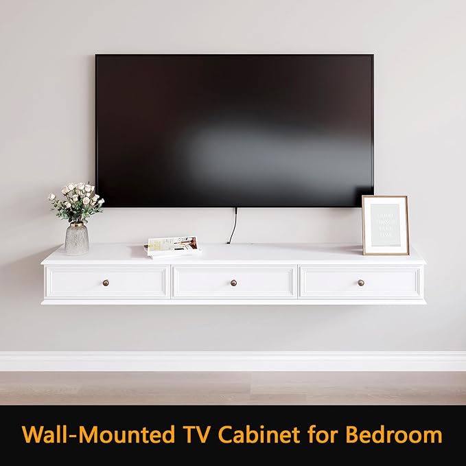 70-inch Wall-Mounted TV Stand, Accommodates 50- to 75-inch TVs, Features Hidden Cable Management, high Weight Capacity, Space-Saving White Floating TV Stand