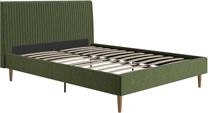 Mr. Kate Daphne Upholstered Bed with Vertical Channel Tufted Headboard, Full, Olive Green Velvet