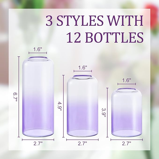 12Pcs Purple Vase Glass Bud Vases Set, Small Vases for Flowers, Modern Cylinder Flower Vases for Wedding Centerpiece, Living Room Decorative, Home Decor (Purple)