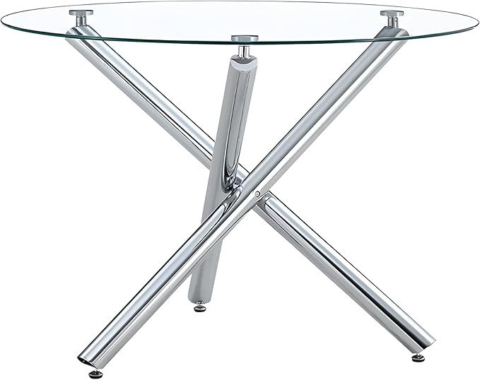 Kitchen Table Classic Dining Table for 4 Round Glass Dining Table 42" Kitchen & Dining Room Tables with Metal Legs and Glass Tabletop for Dining Room and Apartment, Silver
