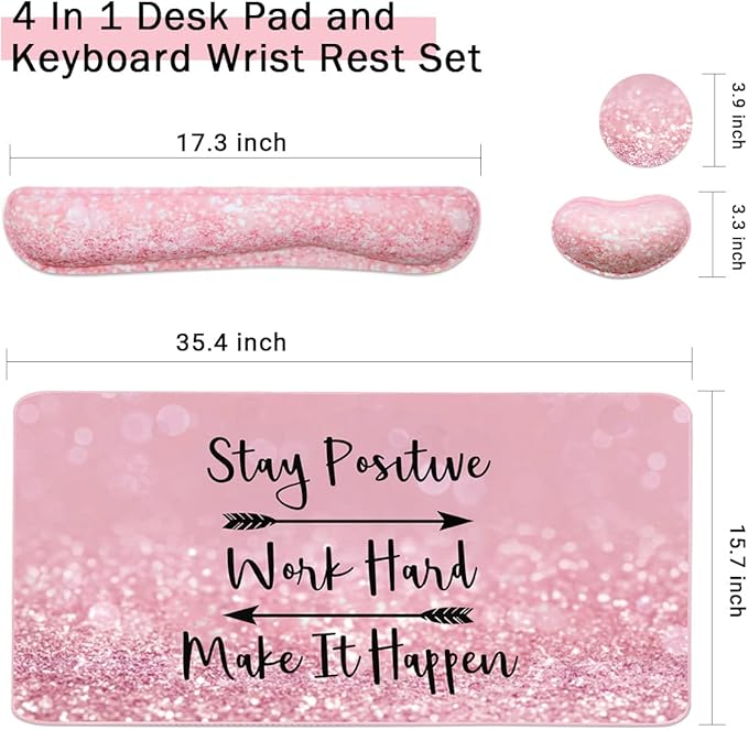 Keyboard Mouse Pad Set, Extended Mouse Pad+Keyboard Wrist Rest Support, Memory Foam Ergonomic Easy Typing, 3Pcs (35.4×15.7 in) Desk Pad Set for Home Office Study Game - Pink Stay Positive
