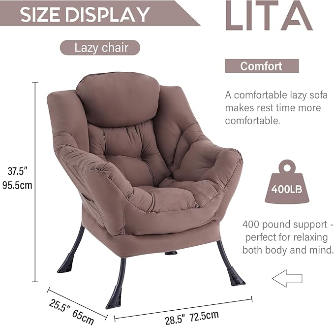 LITA Lazy Chair with Ottoman, Modern Accent Leisure Upholstered Sofa, Contemporary Lounge Reading Chair with Armrests and a Side Pocket for Living Room, Bedroom & Small Space, Single Dark Brown