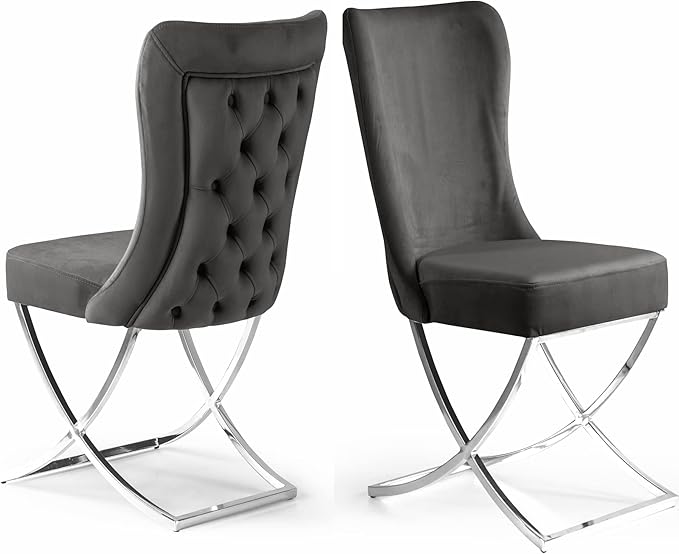 Ottomanson Royal Dining Chairs Set of 2 – Upholstered Tufted Microfiber, Assembled, Silver Metal Legs, Beech Wood Frame, 350 lb Capacity, Gray