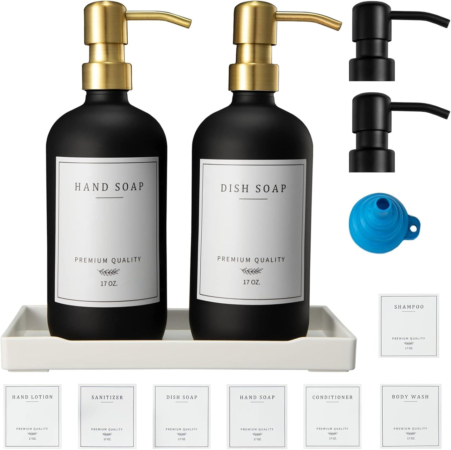 Glass Soap Dispenser for Kitchen Sink,Farmhouse Kitchen Dish Soap Dispenser&Hand Soap Dispenser Set,Rustproof Pump Soap Dispenser Bathroom with Tray,Waterproof Label for Kitchen Decor(Black