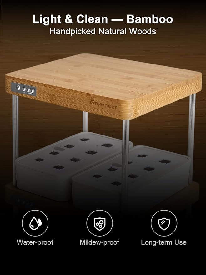 GROWNEER HydroEasy1.0 Hydroponic Growing System, 2-Tier Indoor Garden with Full-Spectrum LED Grow Lights, 32 Pods, Solid Wood Design, Independent Water Circulation, Ideal for Vegetables, Herbs, Bamboo