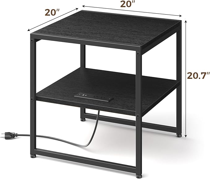 Tatub 20" End Table with Charging Station, Industrial Square Side Table with USB Ports & Outlets, Versatile 2-Tier Small Nightstand for Bedroom Living Room, Black