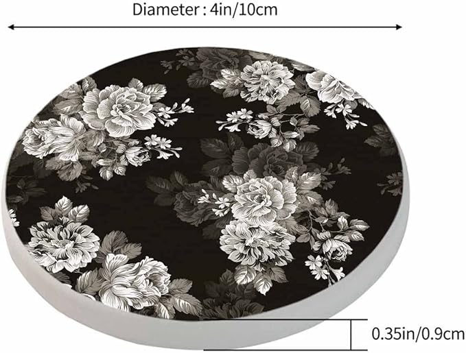 Watercolor Black Flowers Cup Coasters Set of 2 Elegance Botanical Flower Pattern Grey Rose Bouquet Wooden Table Apartment Decor 100% Diatomite for Drinking Glasses,4 Inches