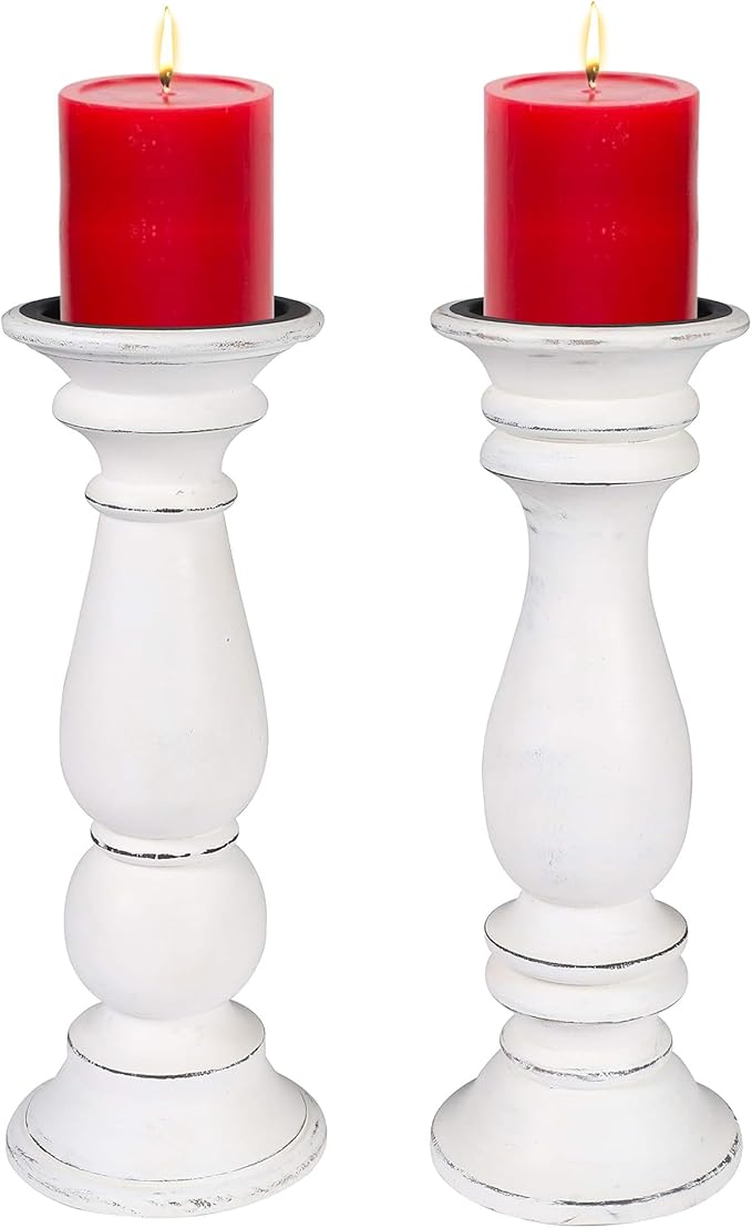 Set of 2 Tall Wooden Candle Holders (12"x4.5") in Rustic Antique White Finish. Perfect for Farmhouse Decor, Mantle, or Table Centerpiece. Holds Pillar Candles. Stylish, Sturdy, and Timeless Charm