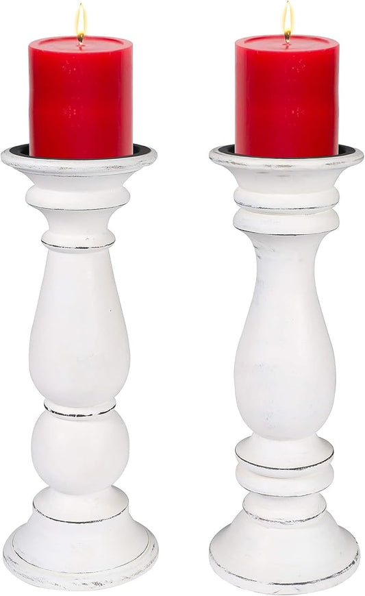 Set of 2 Tall Wooden Candle Holders (12"x4.5") in Rustic Antique White Finish. Perfect for Farmhouse Decor, Mantle, or Table Centerpiece. Holds Pillar Candles. Stylish, Sturdy, and Timeless Charm