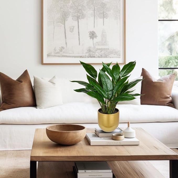 Fake Plants 17'' Faux Plants Artificial Potted Plants Indoor Realistic Fake Cast Iron Plant Artificial Plants with Gold Pot for Home Office Farmhouse Kitchen Bathroom Table Shelf Decor