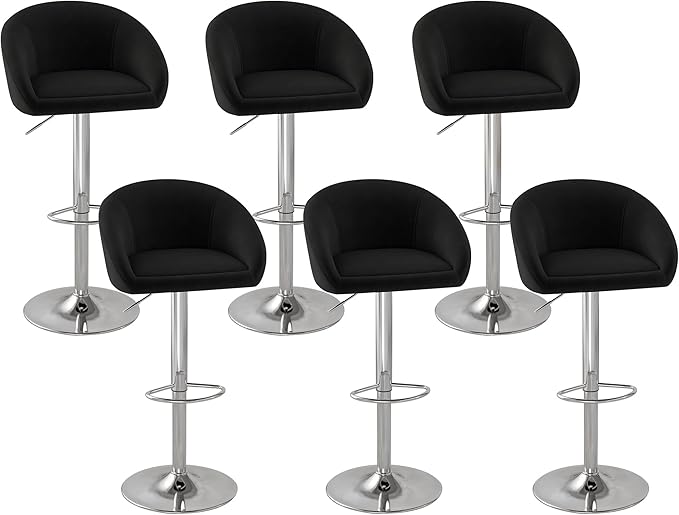 KCC Velvet Bar Stools Set of 6, Counter Height Bar Stools with Low Back, Swivel Barstool for Kitchen Island, Bar Pub (Black)