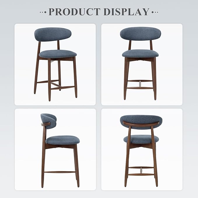 COLAMY Upholstered Counter Height Bar Stools Set of 2, Modern Kitchen Island Barstools Chairs with Back and Wood Legs for Dining Room Bar, Blue