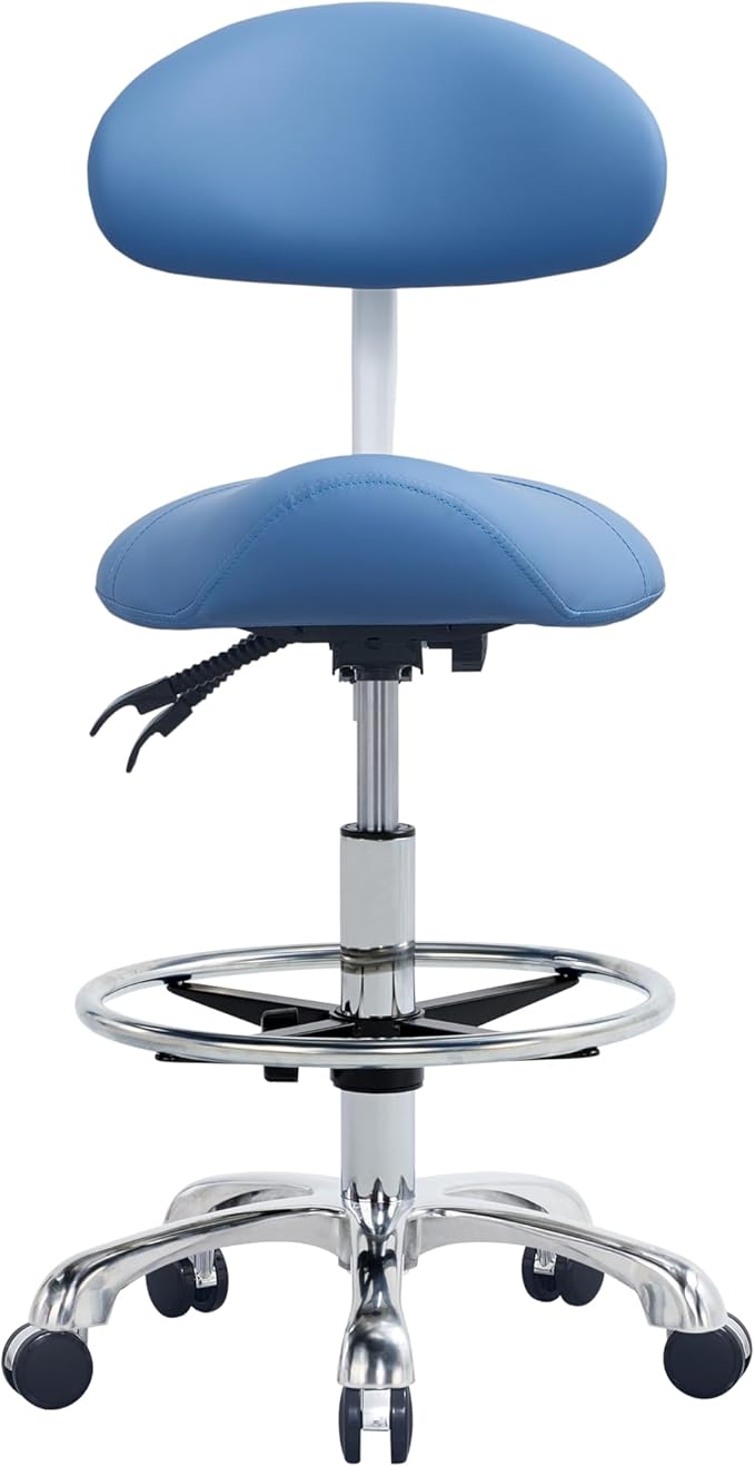 Saddle Stool Chair with Backrest and Foot Ring, Ergonomic Rolling Esthetician Seat for Salon, Tattoo Shop, Spa, Facial lash Home, Dentist Clinic, Esthetician Chair, Blue