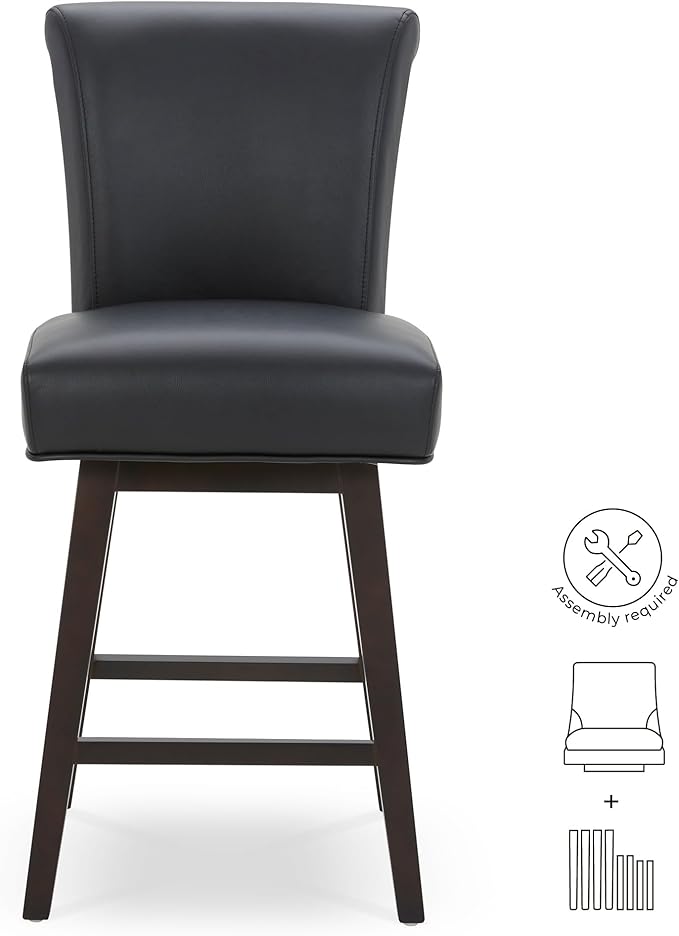 CHITA 26 Inch Counter Height Swivel Bar Stools Set of 4, FSC Certified Modern Upholstered Faux Leather Swivel Barstool Chair with Back, Black