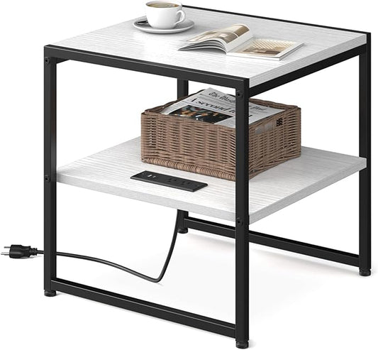 Tatub 20" End Table with Charging Station, Industrial Square Side Table with USB Ports & Outlets, Versatile 2-Tier Small Nightstand for Bedroom Living Room, White