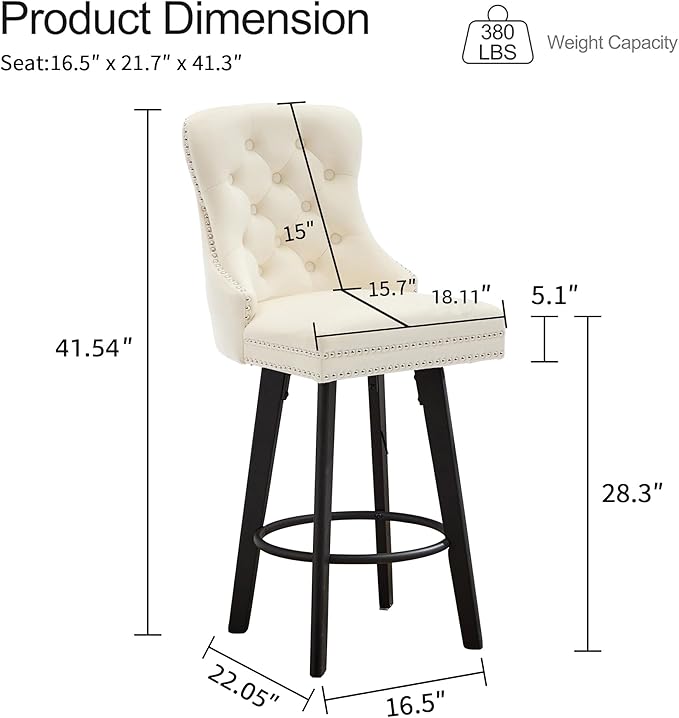 YISHENG Modern Swivel 27" H Seat Velvet Barstools with Backrest and Footrest,Button Tufted Rivet Trim Dining Room Chairs with Metal Pull Ring for Kitchen Island，Bistro, Home Bar，Cream 1PC