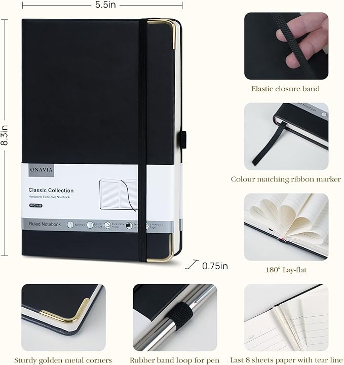 A5 Black Lined Journal Notebook - 100 GSM Thick Paper, 8 Pack Hardcover Journaling Notebooks for Writing, Work, Travel, College Ruled Journals for Women & Men, PU Leather Note Books, 5.5”x8.3”