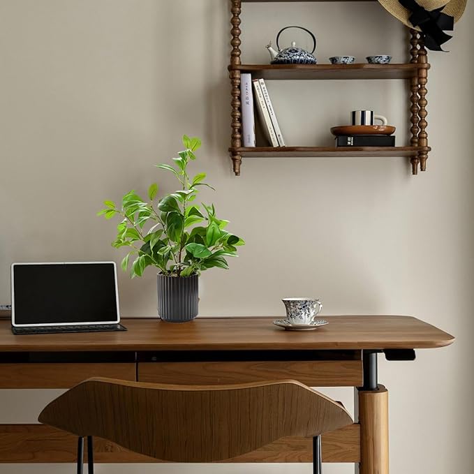 16 inch Artificial Plants Indoor Realistic Touching Evergreen Leaf Fake Plant with Creamic Black Pot for Home Office Living Room Bathroom Office Table Bookshelf Decor