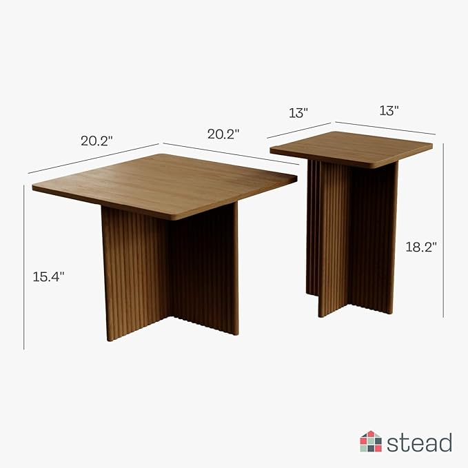 Living Room Table Set - Square Fluted, Natural Oak, 2-Piece - Nesting & Coffee Tables for Living Room