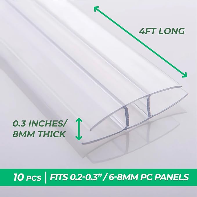Greenhouses Polycarbonate Greenhouse Panels Connectors - Fit 6mm or 8mm Twin-Wall Polycarbonate Panels, Join 2 Pieces of Panels Together, 4-Foot Length, 10 Pieces (H Connectors 8mm-4ft)