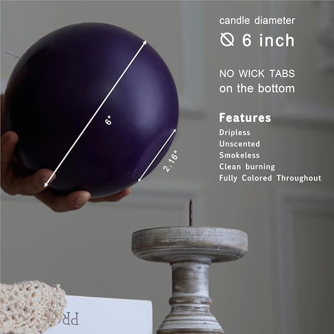 MOZEAL Hand-Poured, 6 Inch Dark Purple Large Round Ball Candles - Elegant Dark Purple Round Pillar Candles, Dripless, Unscented, Smokeless, Ideal for Luxury Events.