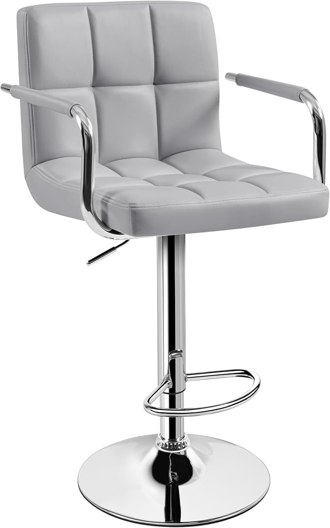 Yaheetech Bar Stools, PU Leather Adjustable Swivel Barstools, Hydraulic Kitchen Counter Height Bar Chairs with Armrest and Back for Kitchen, Dining Room, Light Grey