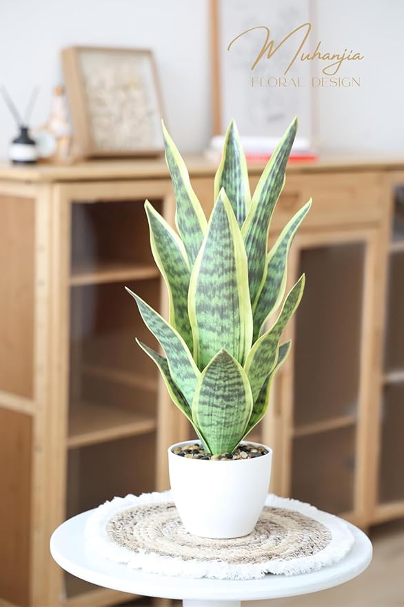 18.5" Artificial Snake Plant Potted,Fake Sansevieria Floor Plant Real Looking with White Planter for Centerpiece Home Decor (Yellow&Green)