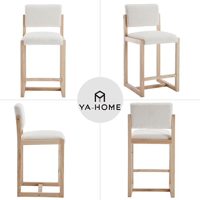 Mid-Century Bar Stools Set of 4, 26 Inch Modern Counter stools Sherpa Fabric Bar Chairs with Backrest Wooden Frame for Kitchen Island Dining Room, White