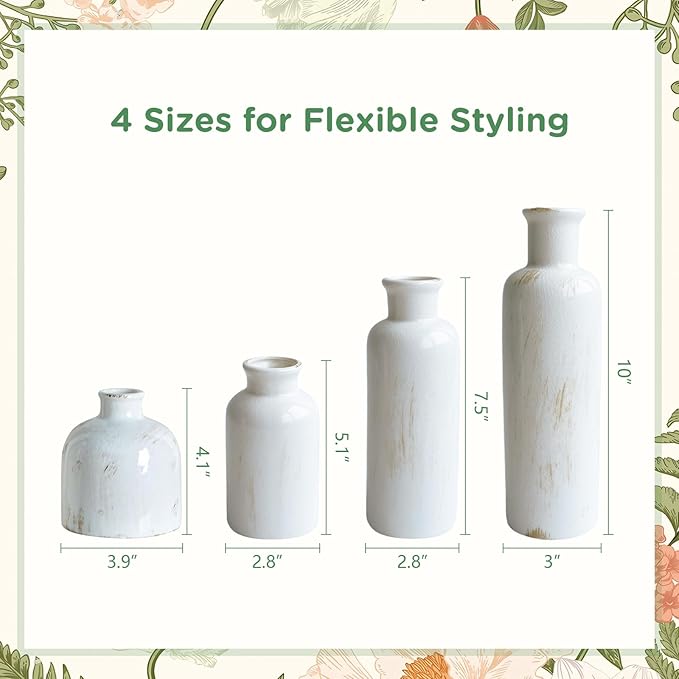 White Ceramic Vase Set, 10 Inch Farmhouse Decor Vase, Home Decorative Vases for Home Decor, Kitchen, Bedroom, Office, Living Room, Bathroom, Ideal Housewarming Gift(Old White)