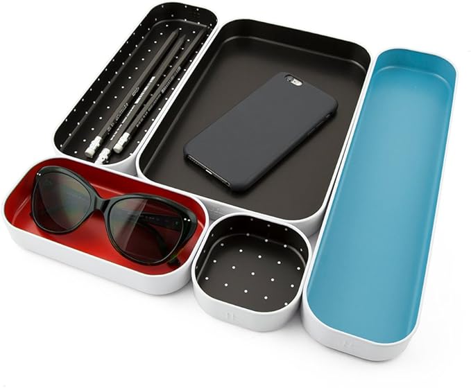 Three by Three Seattle 5 Piece Metal Organizer Tray Set for Storing Makeup, Stationery, Utensils, and More in Office Desk, Kitchen and Bathroom Drawers (1 Inch, Blue Black Red and Dots)