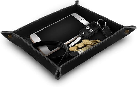 Londo Genuine Leather Tray Organizer - Practical Lightweight Water Resistant Computer Table Desk Storage Box for Wallets, Watches, Keys, Coins, Cell Phones and Office Equipment