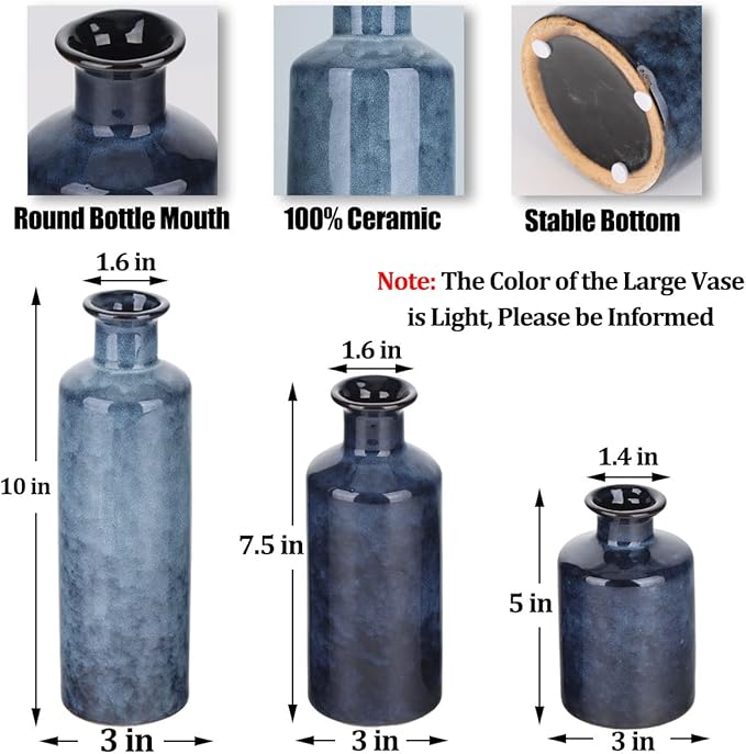 Blue Ceramic Vase Set - 3 Blue Small Vases, Farmhouse Country Flower Vase Home Decor, Living Room Decoration, Table Decoration, Fireplace Decor, and Entrance Decorations Centerpieces