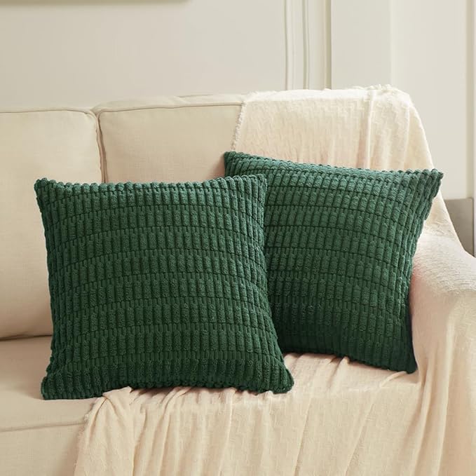 Fancy Homi Set of 4 Dark Green Decorative Throw Pillow Covers 14x14 Inch for Couch Bed Chair, Aesthetic Rustic Boho Room Decor, Soft Fuzzy Double Sided Thick Corduroy Cute Textured Cushion Case 35cm