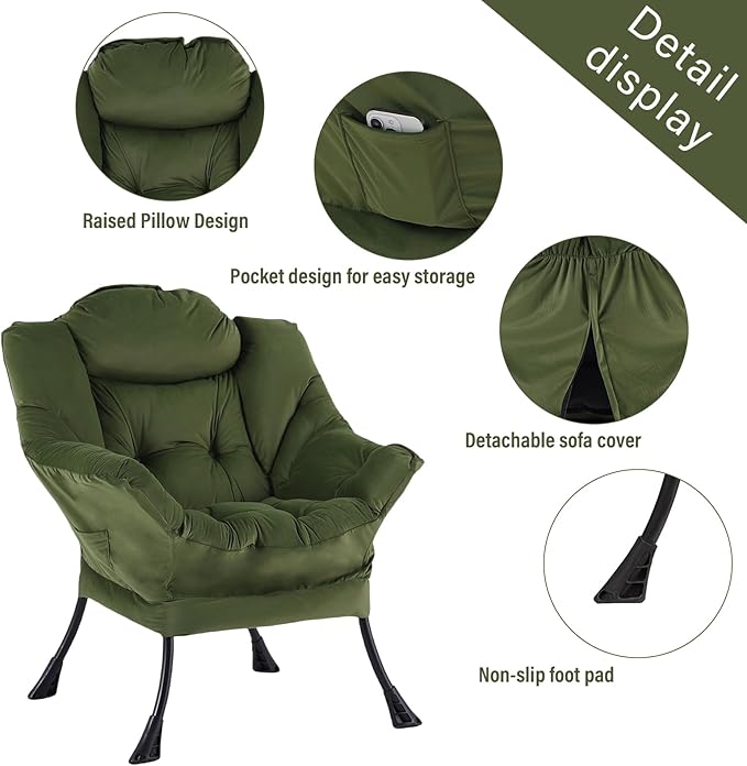 Welnow Lazy Chair with Ottoman, Modern Reading Lounge Accent Chair with Armrests and a Side Pocket, Leisure Upholstered Lazy Sofa Set with Footrest for Small Space, Army Green
