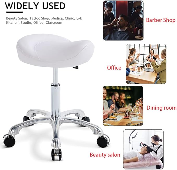 Saddle Stool Rolling Swivel Height Adjustable with Wheels. Saddle Chair Salon, Spa, Tattoo, Pedicure, Massage -Esthetician Chair(White)