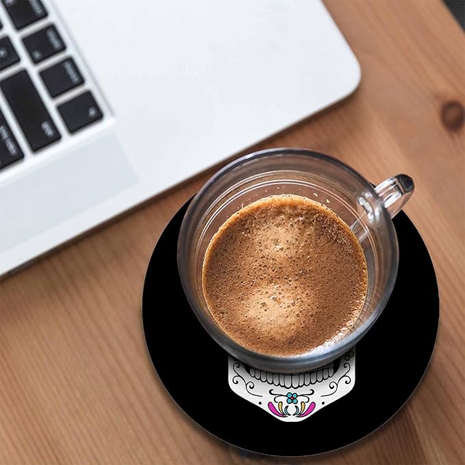 Sugar Skull Round Coaster for Home Coffee Table Human Head Mexican Spooky Skeleton Horror Bone Death Farmhouse Drink Coasters 100% Diatomite 4''X 4''X 0.35'' Printed Pattern