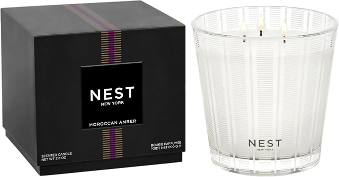 NEST New York Scented 3-Wick Candle, Moroccan Amber - 21.2 oz - Up to 100-Hour Burn Time - Reusable Glass Vessel