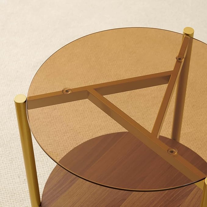 Round End Table, Mid-Century Modern Design, D20*H23 inch, for Living Room, 2-Tier Structure, Amber Glass Top and Walnut MDF Shelf, Sleek Conical Metal Legs with Gold Finish