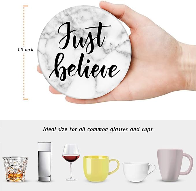 Britimes Coaster for Drinks Set of 6, Marble What You Love Inspirational Absorbent Round Ceramic Stone Mat, with Cork Base and Metal Holder, Gift for Housewarming Room Bar Decor
