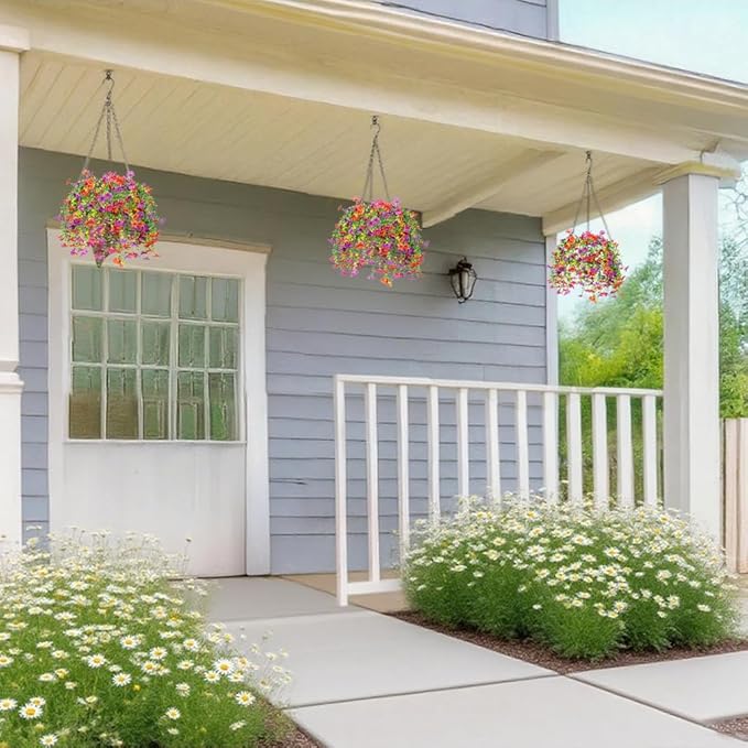 Artificial Flowers for Outdoors Decoration, 2 Pcs Outdoor Faux Plants Daisy with Eucalyptus Leaves Summer UV Resistant Fake Flowers Hanging Planters for Front Porch Patio Yard Door Garden Home Decor