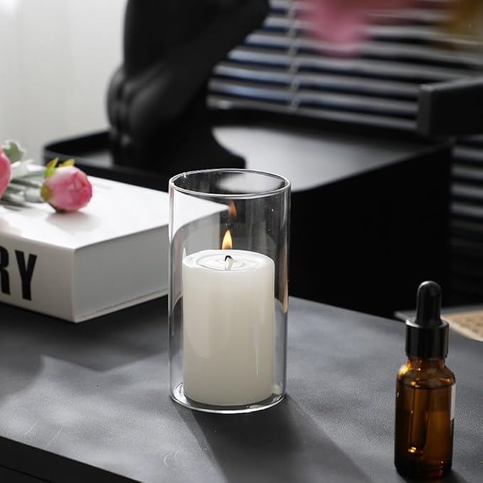 Set of 6 White Pillar Candles and Hurricane Candle Set, Clear Cylinder Vases Pillar Candle Holders for Pillar Candles, Glass Candle Holders for Party, Table, Home Decor, Wedding Centerpieces