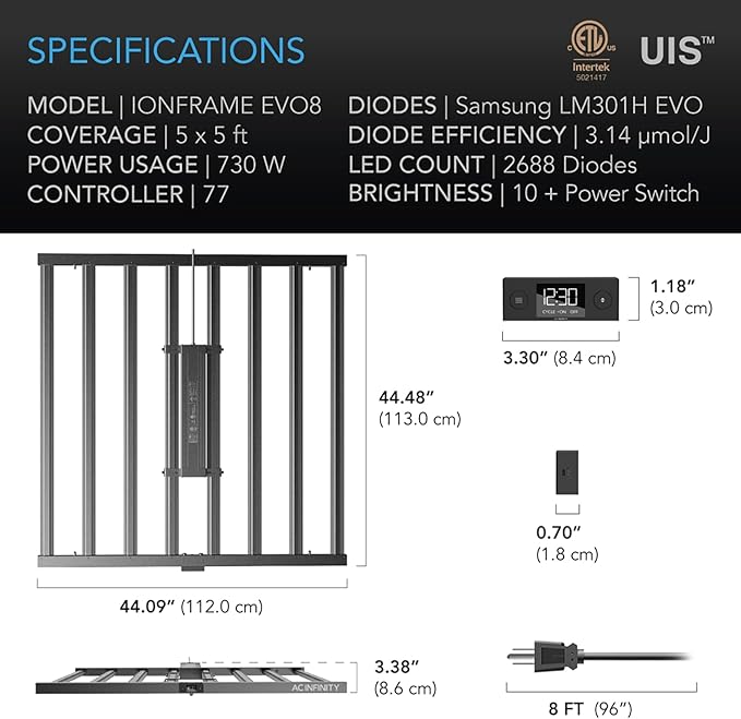 AC Infinity IONFRAME EVO8, Samsung LM301H EVO Bar LED Grow Light 5x5, 2688 Diodes, with Schedule Controller, 730W Full-Spectrum Commercial Plant Lights for Indoor Growing in Grow Rooms & Greenhouses