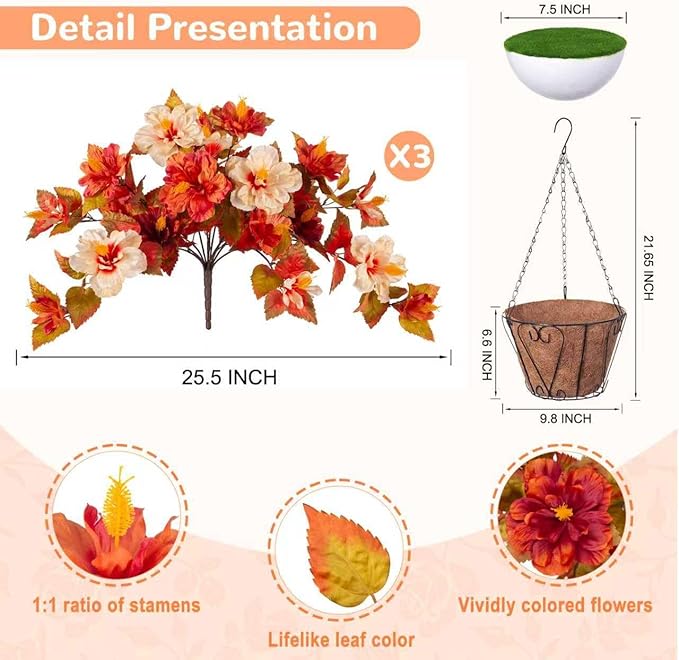 Artificial Fake Fall Hanging Flowers with Basket for Outdoors Decoration 3PCS Faux Fall Flowers for Outdoor Planters UV Resistant No Fade Silk Hibiscus for Home Porch Patio Garden Balcony Yard Decor