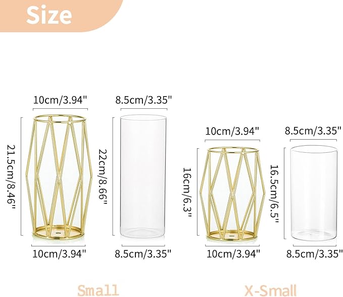 Nuptio Candle Holders for Pillar Candles - Geometric Candleholders Gold Flower Vase with Hurricane Cylinder Glass Dual Uses for Wedding Birthday Party Table Living Room Centerpieces