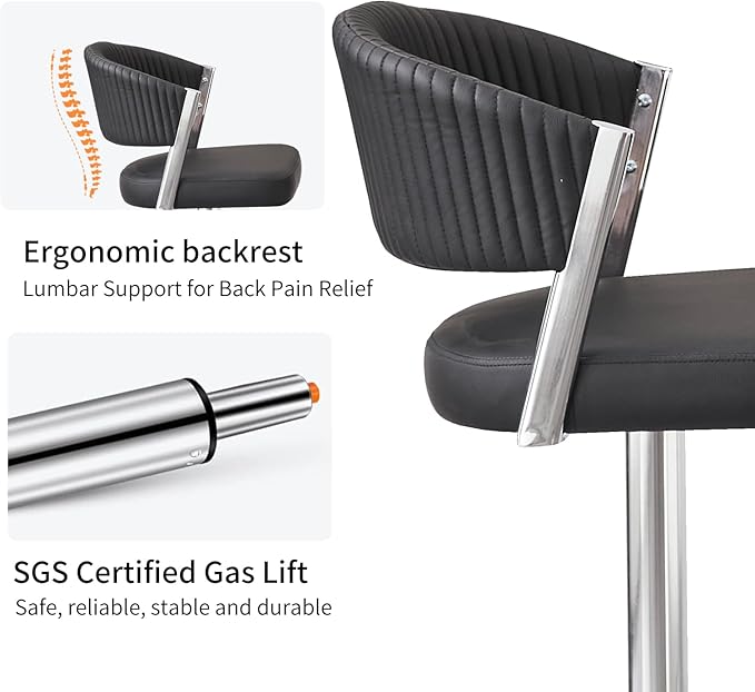 Bar Stools Set of 2, Adjustable Swivel Counter Height Bar Stools with Back and Footrest, PU Leather Bar Chairs for Kitchen Dining Room - Black