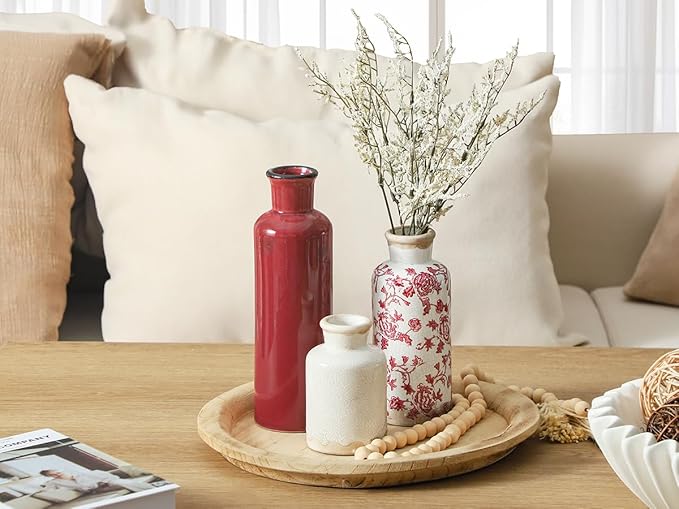 Vintage Vase Set of 3, Ceramic Vintage Flower Vases, Chinoiserie Decorative Home Decor Retro Floral Vase Rustic Farmhouse Decor for Table Bookshelf Mantel Kitchen Living Room Office - Red and White