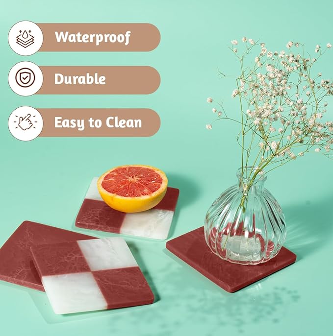 Folkulture Coasters Set of 4 | (4") Fall Coaster for Coffee Table | Burnt Red Coasters for Drinks | Cute Cup Coaster Waterproof for Bar Decor or Living Room Decor | Fall-Decor or Fall Table Decor