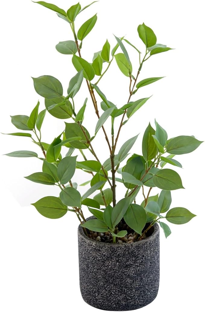 18'' Fake Plant Ficus Greenery with Silk Leaves Artifical Potted Small Banyan Tree in Special Pattern Cement Planters for Home Decor Office Living Room Bedroom Indoor Outdoor