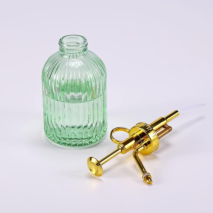 Glass Plant Mister Spray Bottle, 7.5" Green Glass Water Spray Bottle with Gold Top Pump Small Watering Can, Small Plant Sprayer Mister for Indoor Outdoor House,(Green+Gold E)