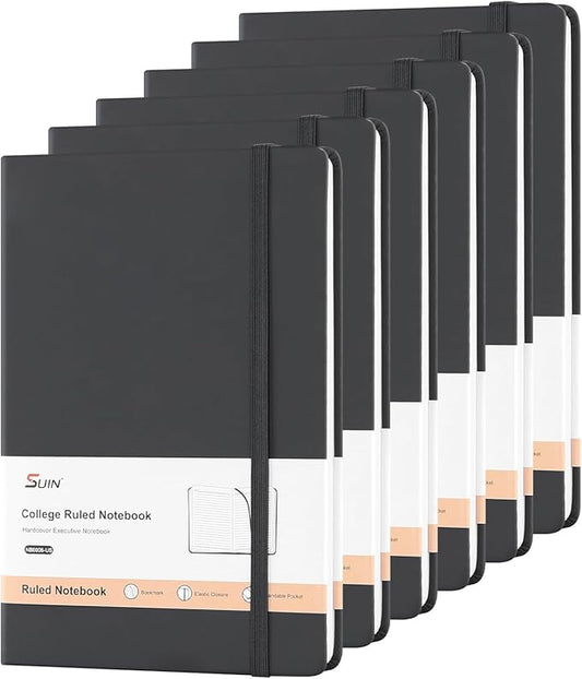 SUIN Hardcover-Journal-Notebooks, A5 Lined Journals Notebook for Writing 200 Pages, 8.2 x 5.5 inch, Classic Ruled Notebooks for Work/Travel/College (Black - 6 Pack)